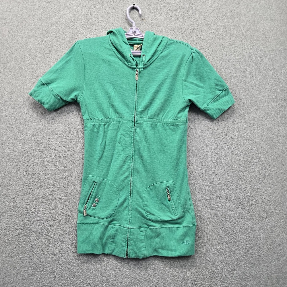 O'Neill Women Hoodie M Green Slim Logo Short Sleeve Full Zip Tunic